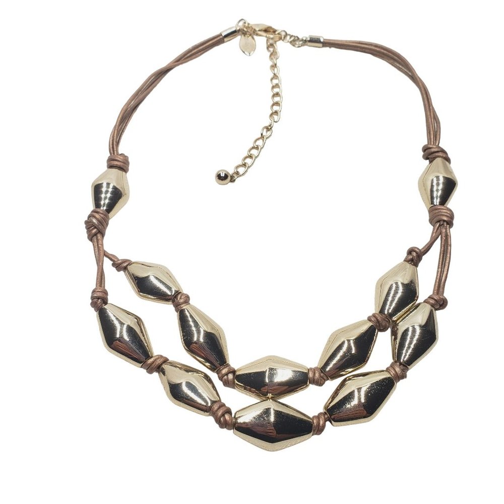 Chico's Leather and Metal Necklace knotted metal beads silver‎ tone tan